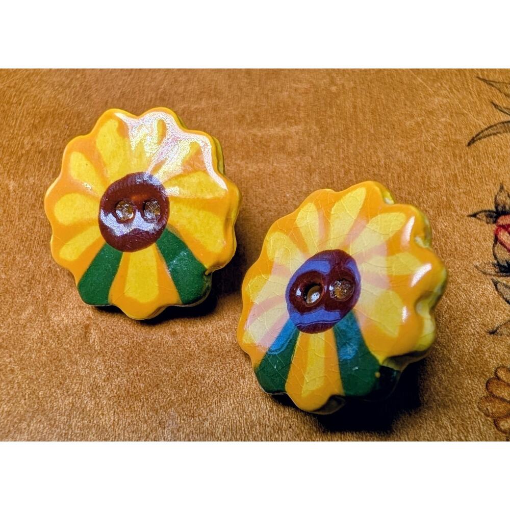 Handmade Sunflower Glazed Button Ceramic Earrings 1" Floral Crazing Flower